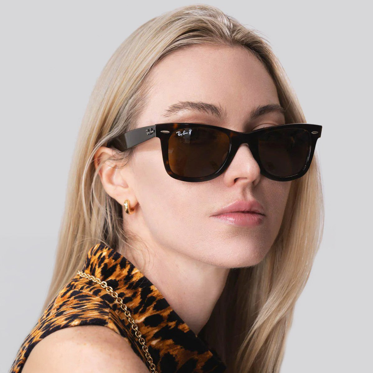 Lentes de Sol Ray-Ban New Wayfarer Classic Polished Dark Havana On Multicolor/Green